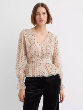 LOFT Beige Polka Dot V-Neck Peplum Blouse